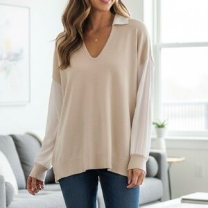 Sioni Milano Preppy Croquette Elegant‎ Cream V-Neck Sweater layered look XL